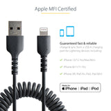 StarTech.com 1m (3ft) USB to Lightning Cable, MFi Certified, Coiled iPhone Charger Cable, Black, Durable TPE Jacket Aramid Fiber, Heavy Duty Coil Lightning Cable