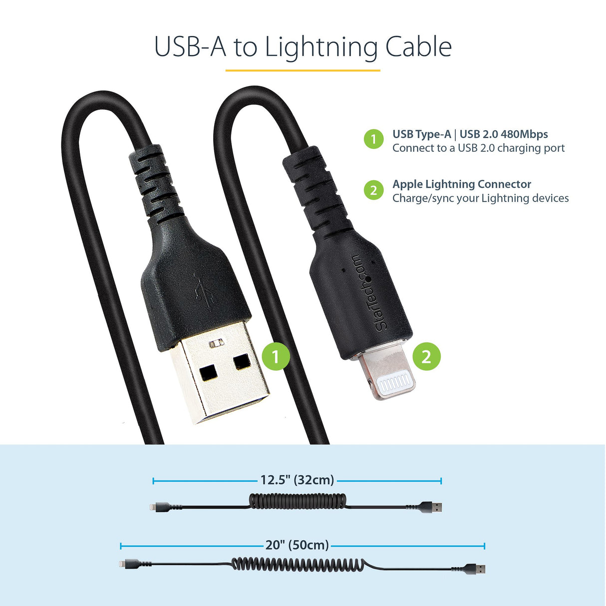 StarTech.com 50cm (20in) USB to Lightning Cable, MFi Certified, Coiled iPhone Charger Cable, Black, Durable TPE Jacket Aramid Fiber, Heavy Duty Coil Lightning Cable