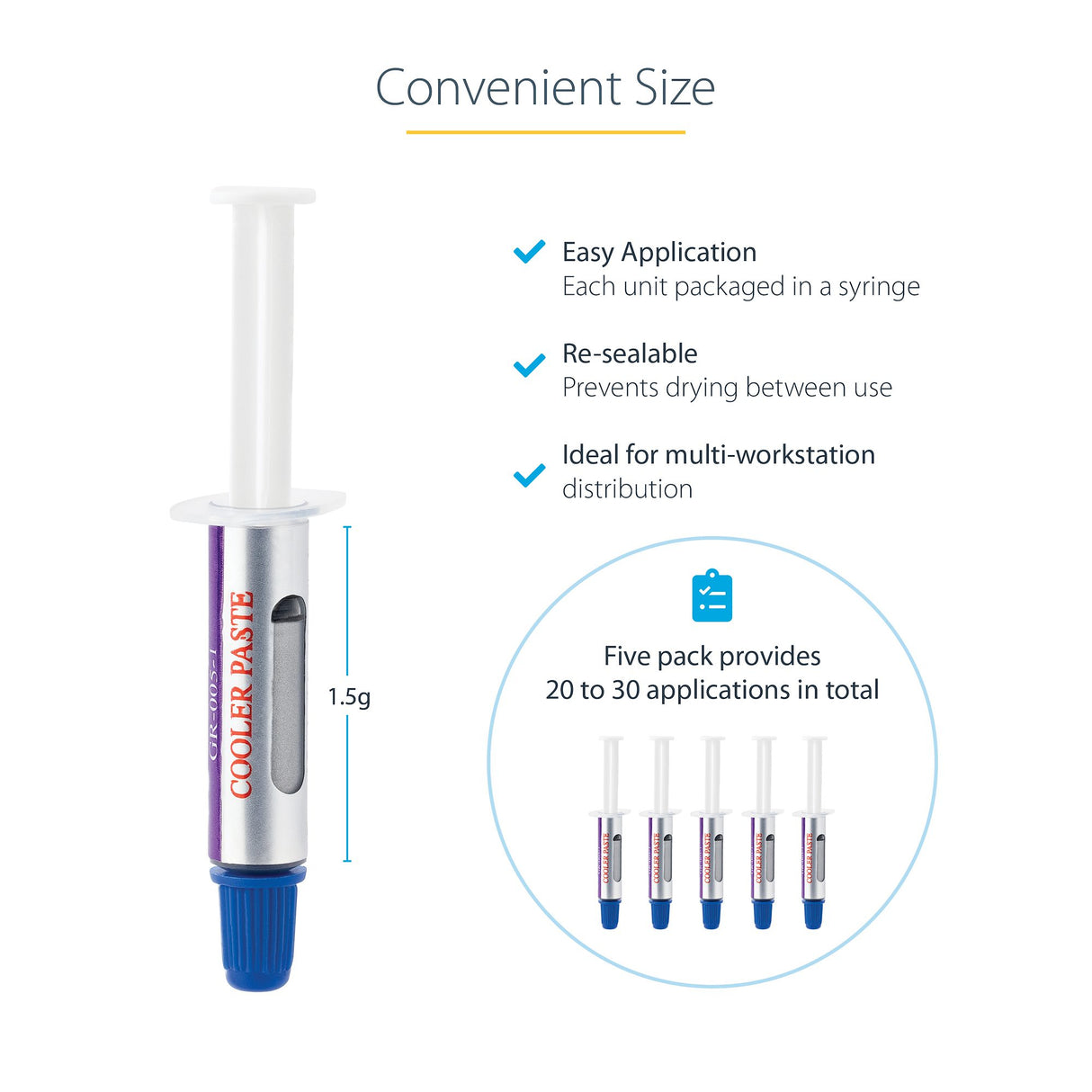 StarTech.com Thermal Paste, Pack of 5 Re-sealable Syringes (1.5g / each), Metal Oxide Compound, CPU Heat Sink Thermal Grease Paste