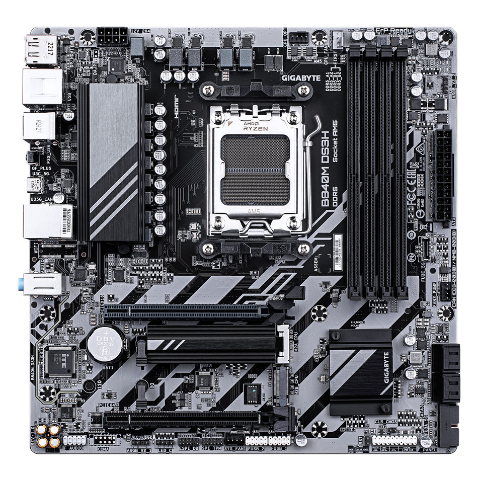 GIGABYTE B840M DS3H Motherboard - AMD Ryzen 9000 CPUs, 8+2+2 Phases VRM, up to 8200MHz DDR5, 2xPCIe 4.0 M.2, 2.5GbE LAN, USB 3.2 Gen 1