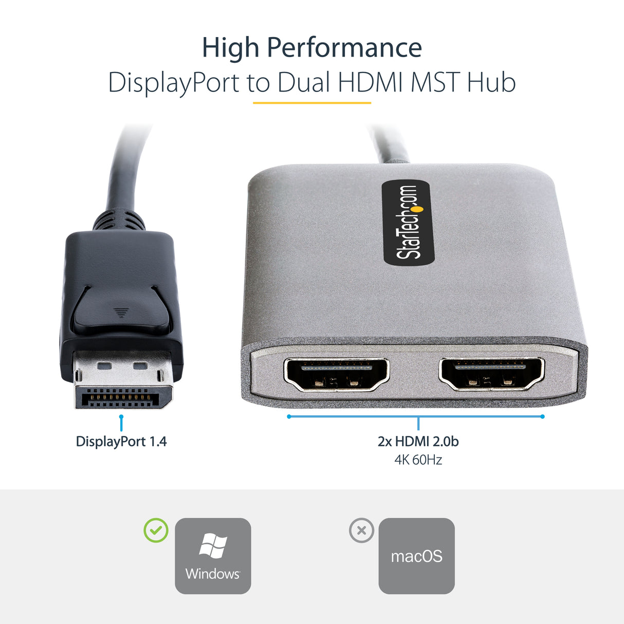 StarTech.com DP to Dual HDMI MST HUB - Dual HDMI 4K 60Hz - DisplayPort Multi Monitor Adapter with 1ft / 30cm cable - DP 1.4 Multi Stream Transport Hub, DSC | HBR3 - DP to HDMI Splitter