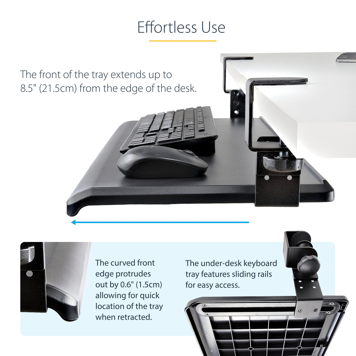 StarTech.com Under-Desk Keyboard Tray, Clamp-on Ergonomic Keyboard Holder, Up to 12kg (26.5lb), Sliding Keyboard and Mouse Drawer with C-Clamps, Height Adjustable Keyboard Tray (3.9/4.7/5.5 in)