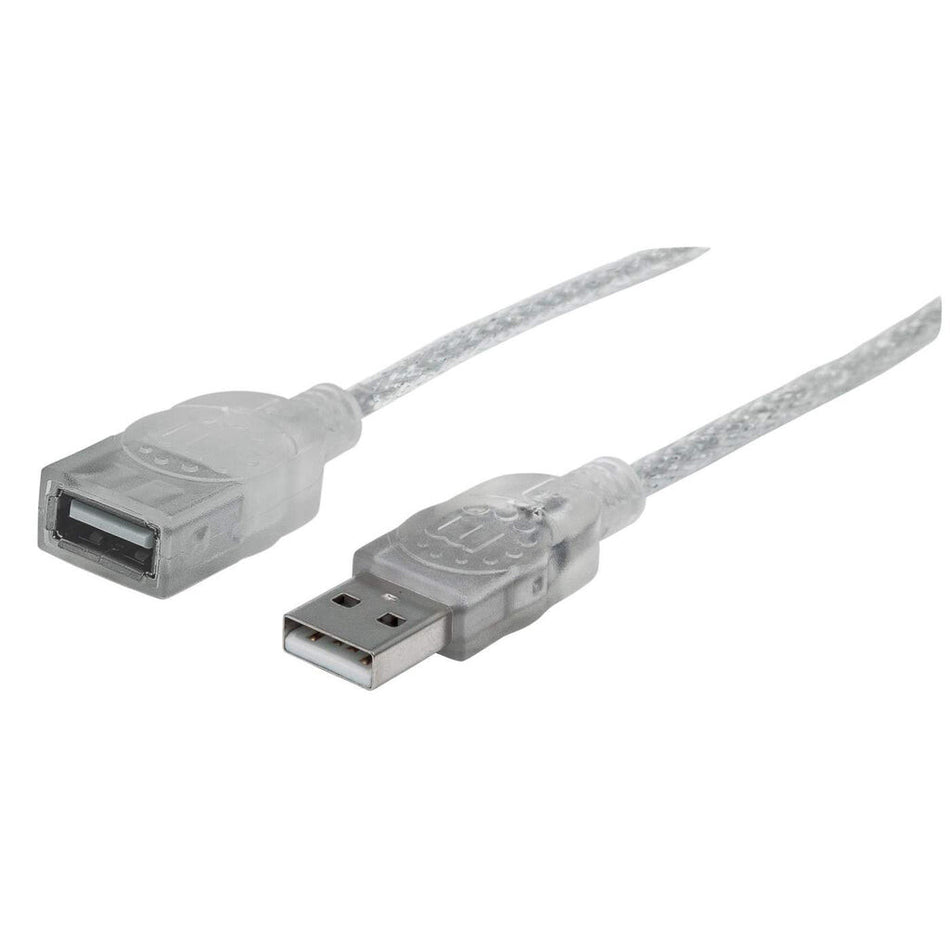 Manhattan USB-A to USB-A Extension Cable, 1.8m, Male to Female, 480 Mbps (USB 2.0), Hi-Speed USB, Translucent Silver, Lifetime Warranty