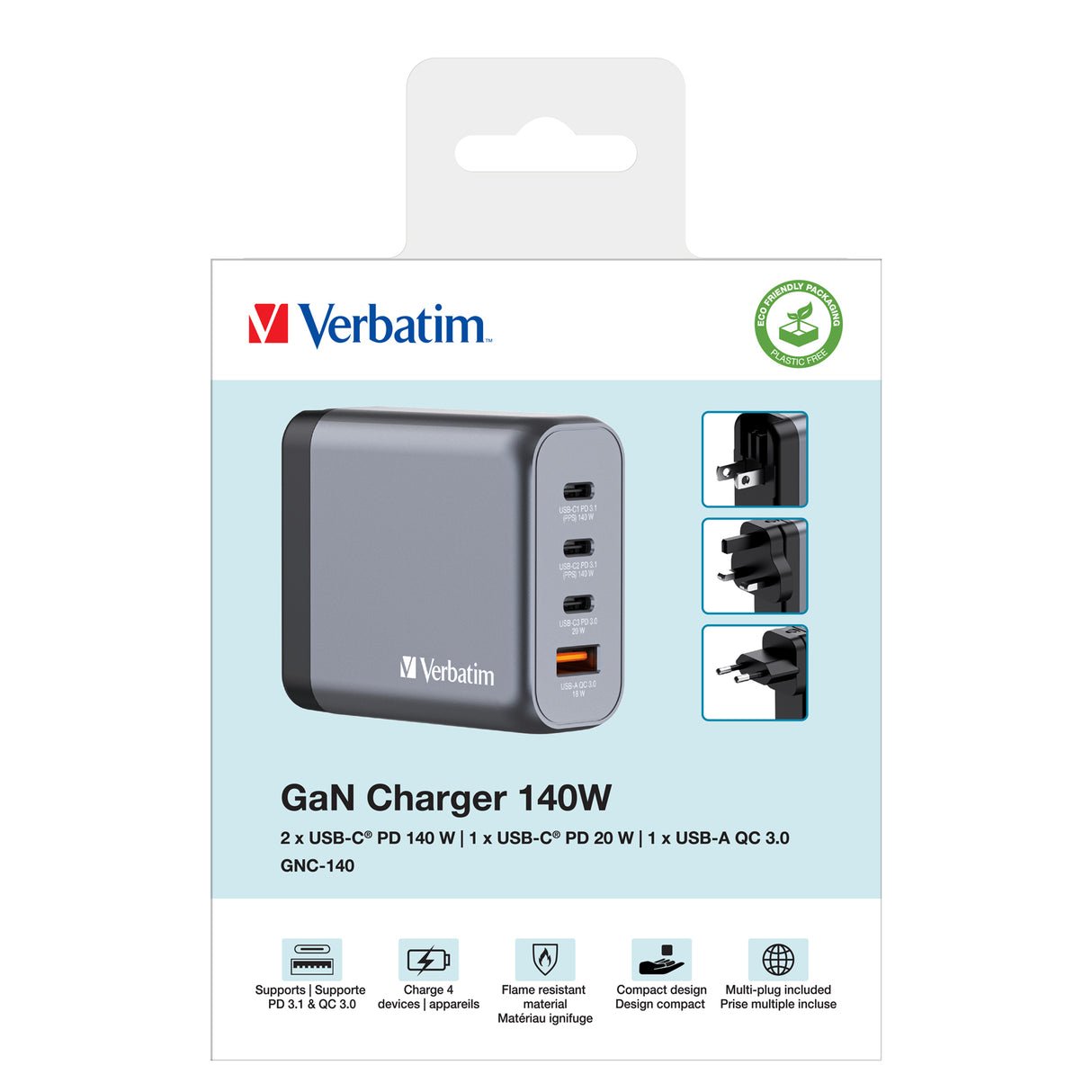 Verbatim GNC-140 GaN Charger 140W with 2 x USB-C PD 140W / 1 x USB-C PD 20W / 1 x USB-A QC 3.0 (EU/UK/US)