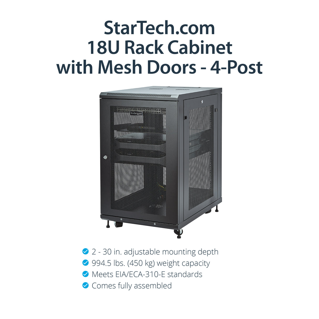 StarTech.com 4-Post 18U Server Rack Cabinet, Lockable 19" Data Rack Cabinet for Computer / AV / IT Equipment, Office / Home Network Rack with Casters & Adjustable Mounting Rails