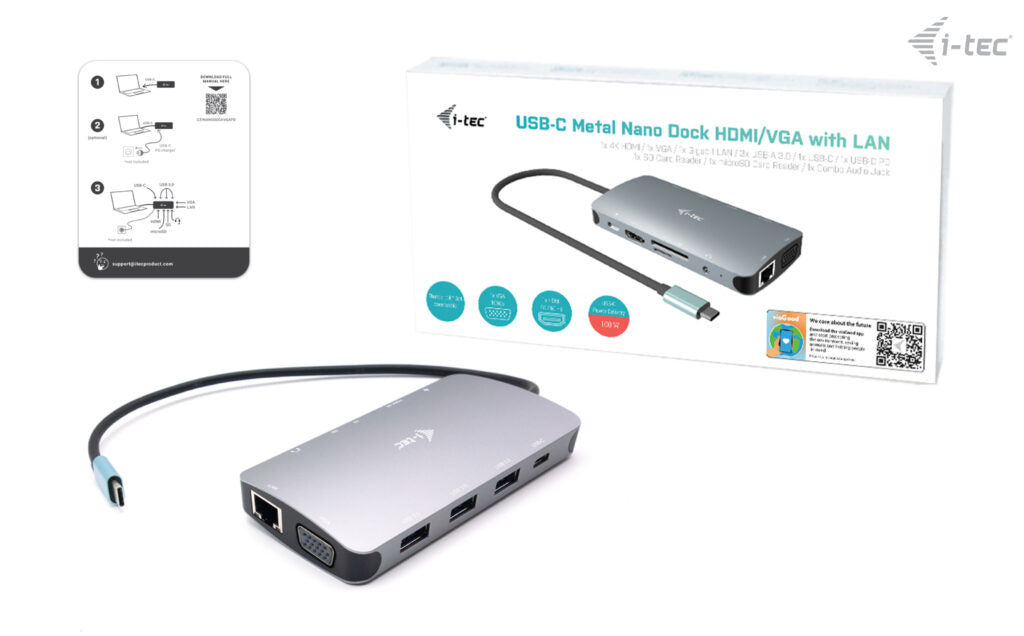 i-tec Metal USB-C Travel Nano Dock HDMI/VGA with LAN + Power Delivery 100 W