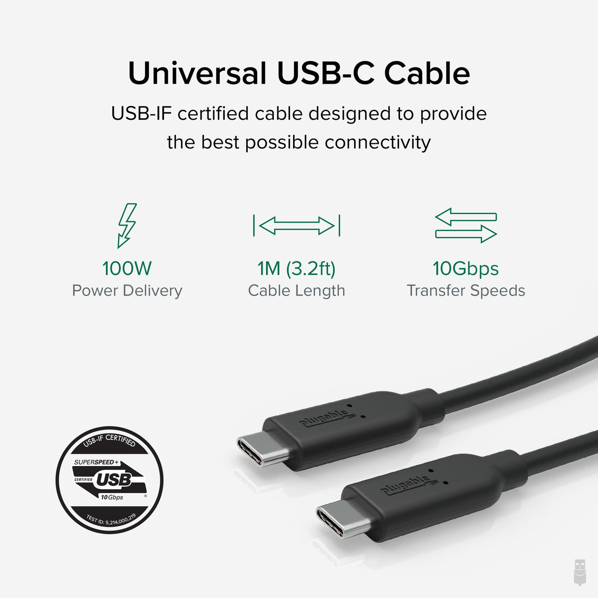 Plugable Technologies 10Gbps USB C to USB C Cable, 3.3 feet (1 Meter), 5A, USB-IF Certified, USB 3.1 Gen 2 Type-C - Driverless