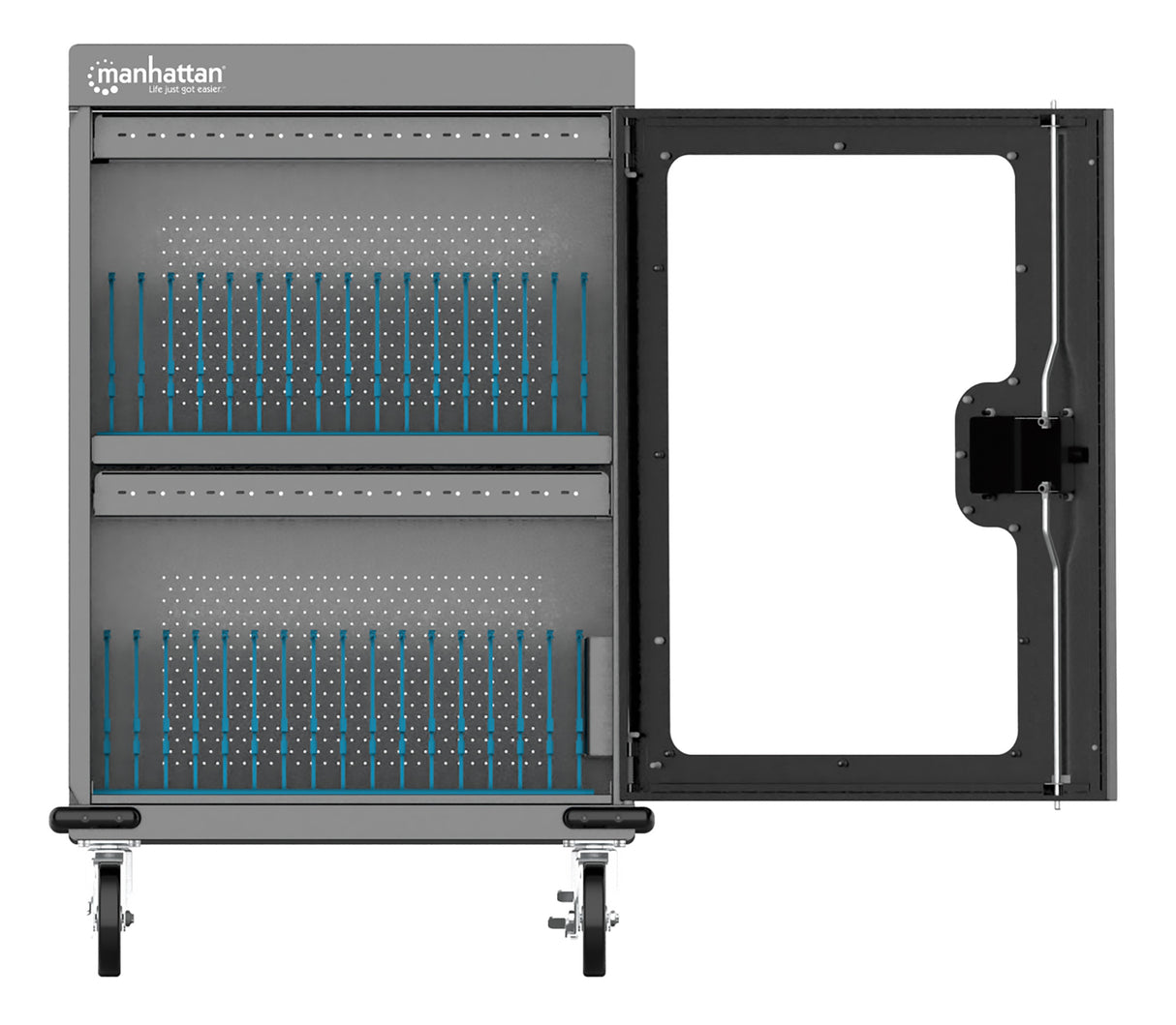 Manhattan Charging Cabinet/Cart via USB-C x32 Devices, Trolley, Power Delivery 18W per port (576W total), Suitable for iPads/other tablets/chromebooks up to 15.6", Bays 380x30x280mm, Device charging cables not included, Lockable (PIN code), EU & UK power