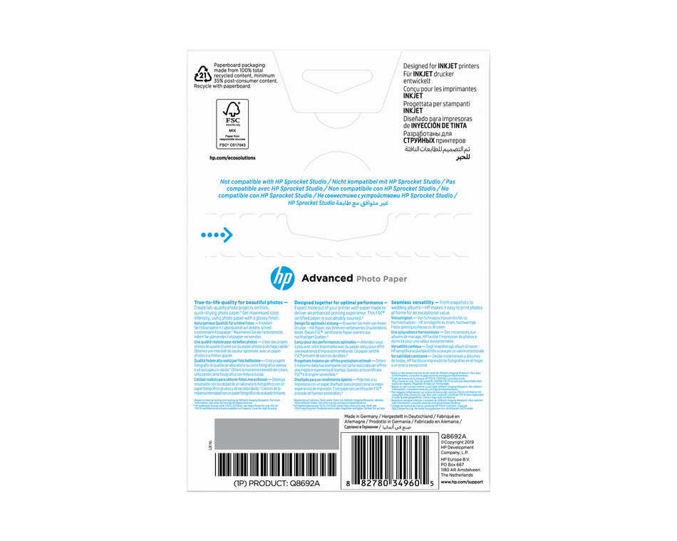 HP Advanced Photo Paper, Glossy, 250 g/m2, 10 x 15 cm (101 x 152 mm), 100 sheets