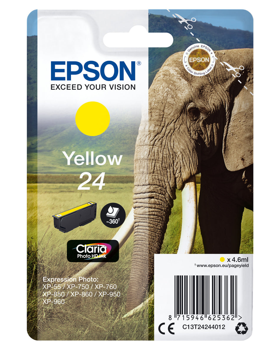 Epson Elephant Singlepack Yellow 24 Claria Photo HD Ink