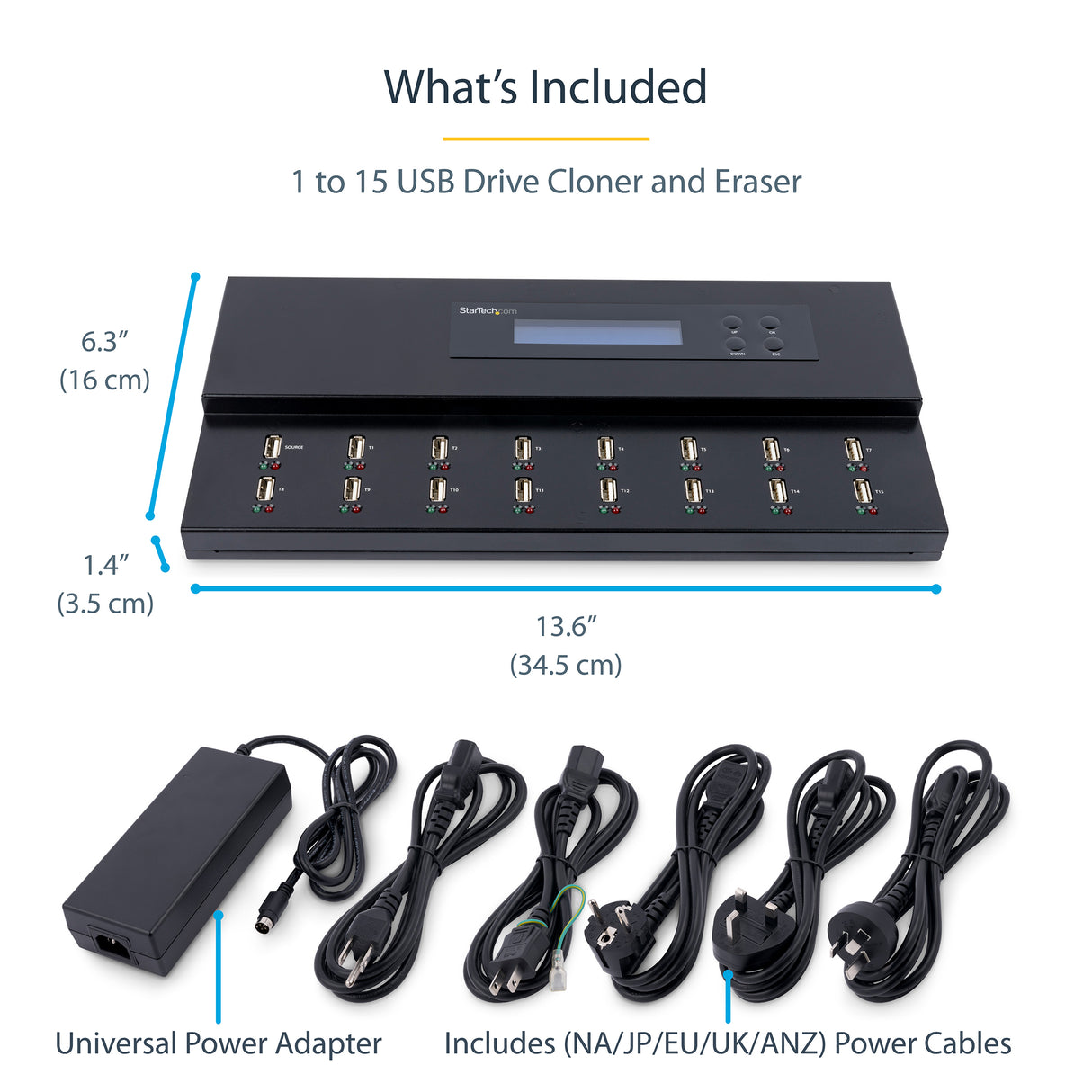 StarTech.com Standalone 1 to 15 USB Thumb Drive Duplicator and Eraser, Multiple USB Flash Drive Copier, System and File and Whole-Drive Copy at 1.5 GB/min, Single and 3-Pass Erase, LCD Display