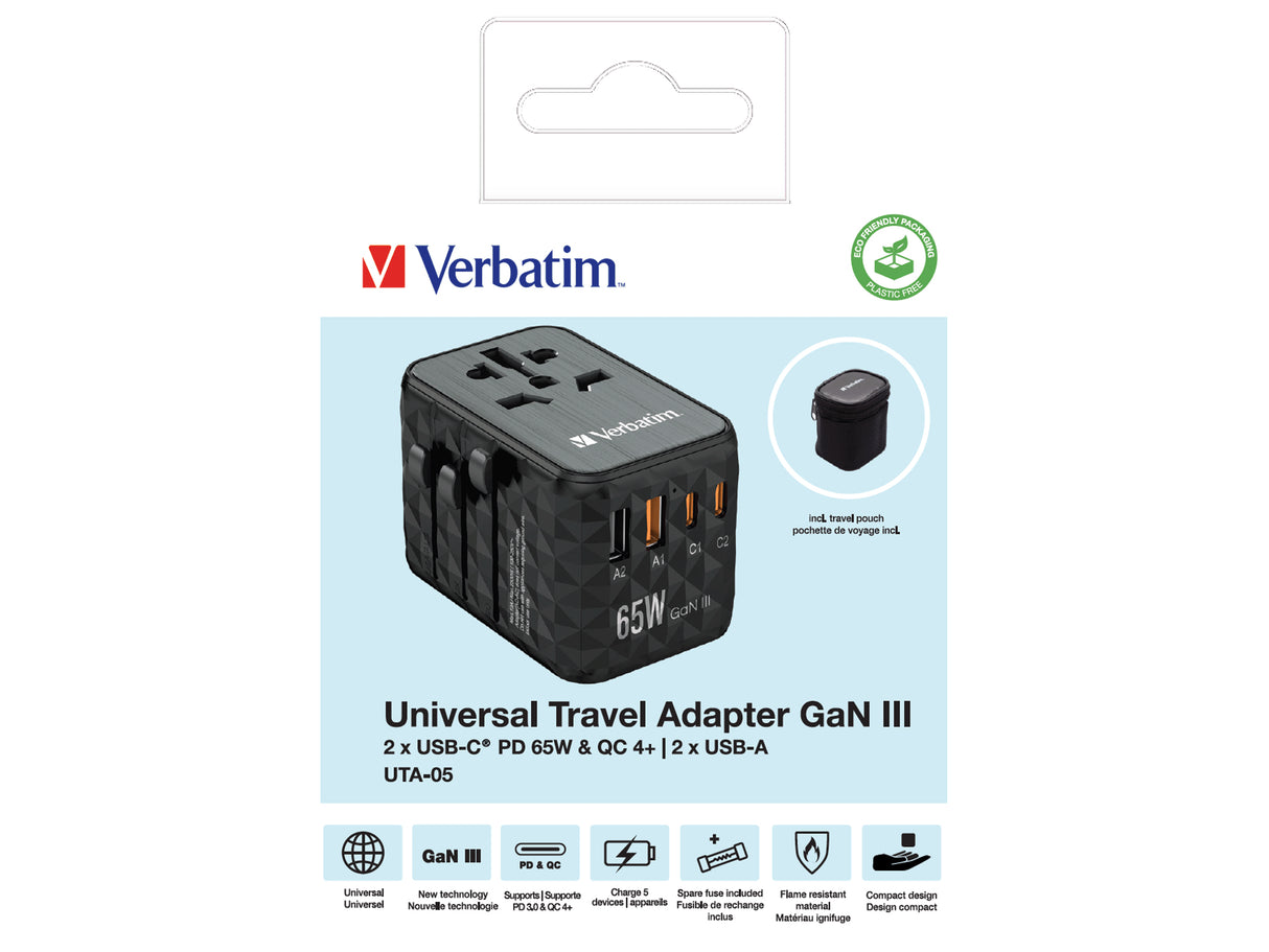 Verbatim UTA-05 65W GaN III Universal Travel Adapter with 2 x USB-C PD & QC 4+ & 2 x USB-A ports