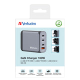 Verbatim GNC-100 GaN Charger 100W with 2 x USB-C PD 100W / 1 x USB-C PD 65W / 1 x USB-A QC 3.0 (EU/UK/US)