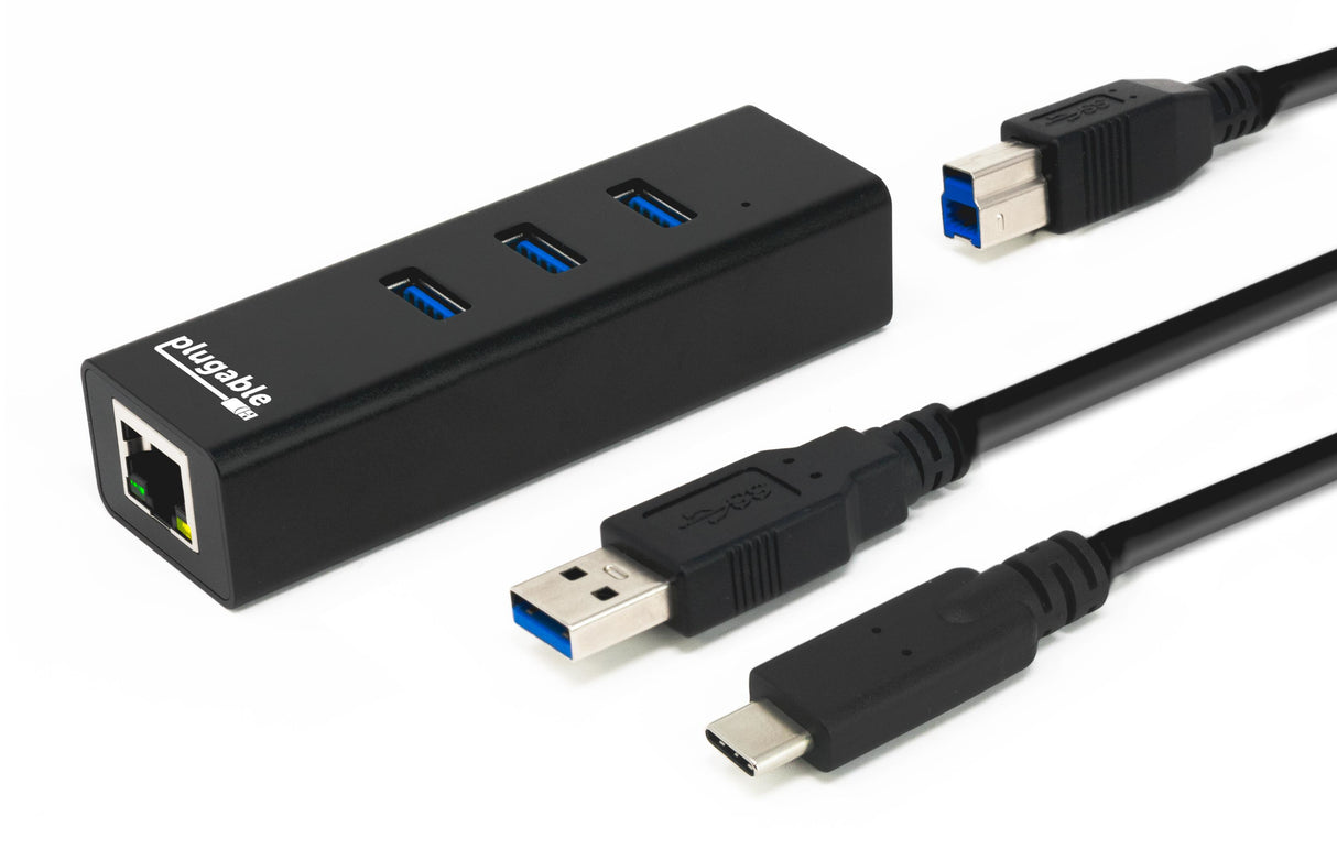 Plugable Technologies USB Hub with Ethernet, 3 port USB 3.0 Bus Powered Hub with Gigabit Ethernet Compatible with Windows, MacBook, Linux, Chrome OS, Includes USB C and USB 3.0 Cables