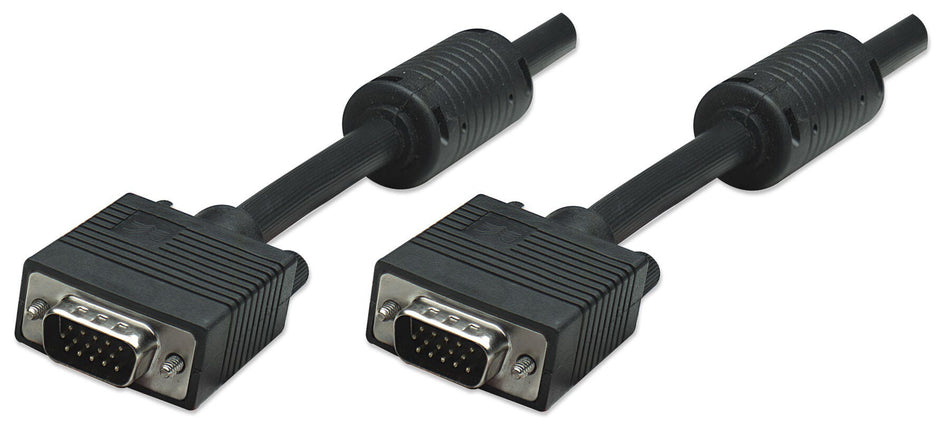 Manhattan VGA Monitor Cable (with Ferrite Cores), 1.8m, Black, Male to Male, HD15, Cable of higher SVGA Specification (fully compatible), Shielding with Ferrite Cores helps minimise EMI interference for improved video transmission, Lifetime Warranty