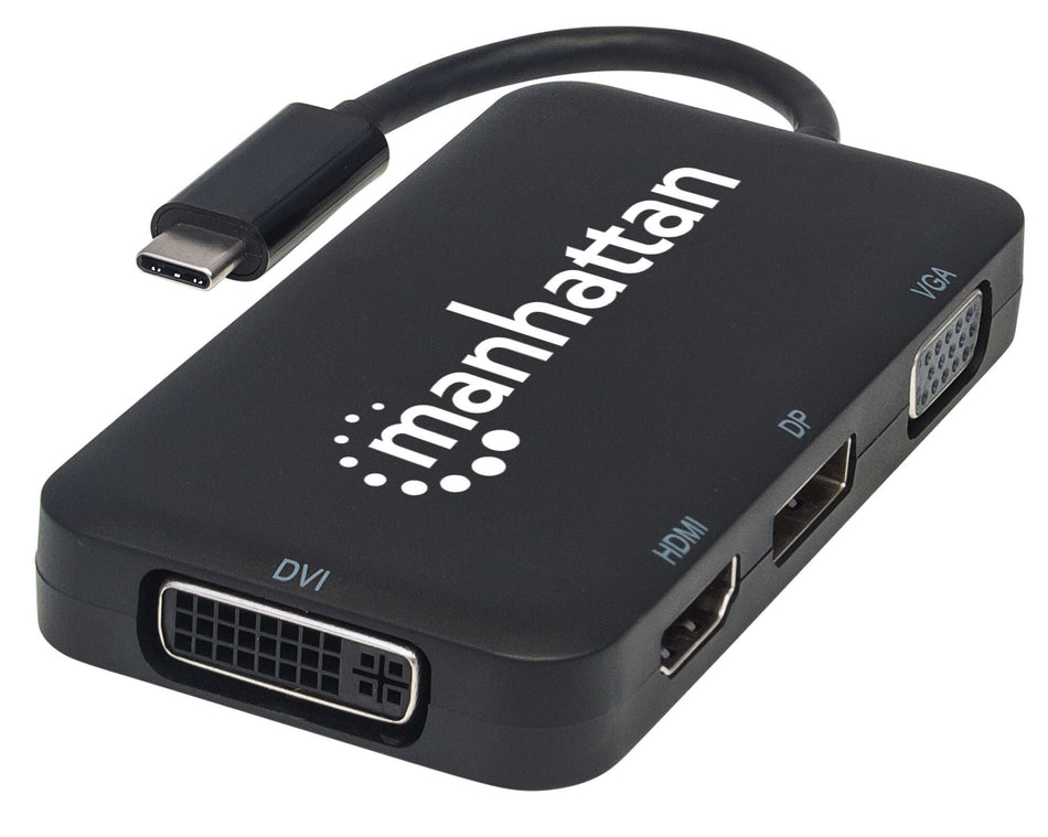 Manhattan USB-C Dock/Hub, Ports (x4): DisplayPort, DVI-I, HDMI or VGA, Note: Only One Port can be used at a time, External Power Supply Not Needed, Cable 8cm, Black, Three Year Warranty, Blister