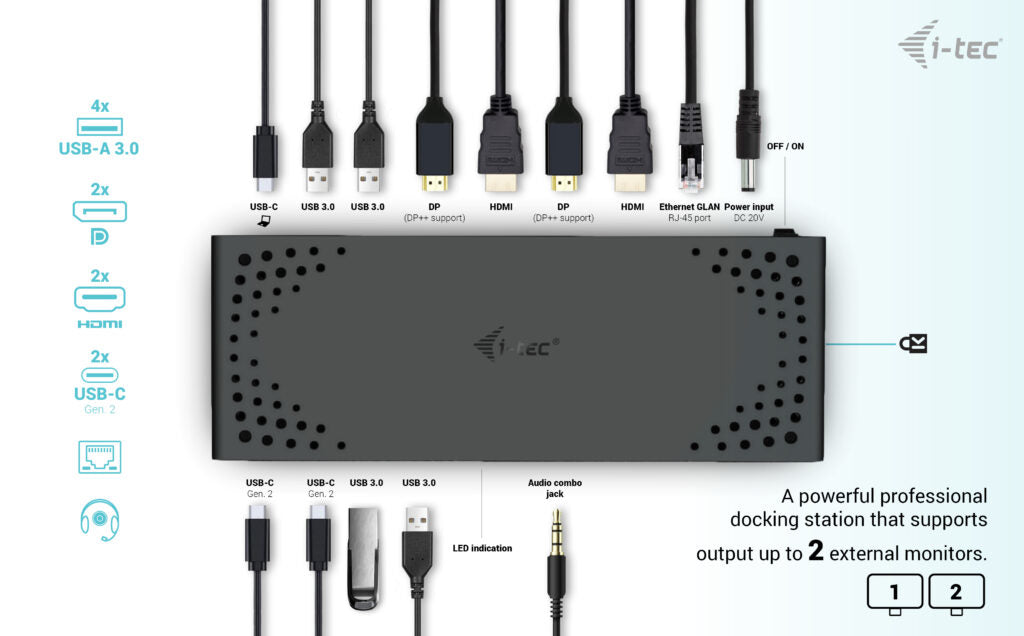 i-tec USB 3.0 / USB-C / Thunderbolt 3 Dual Display Docking Station Gen2 + Power Delivery 100W