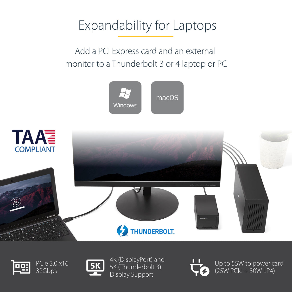 StarTech.com Thunderbolt 3 PCIe Expansion Chassis, External Enclosure with One PCI Express Slot, PCIe Box for Laptops/Desktops/All-In-Ones, 5K/4K Output Via TB3/DP Ports, TAA Compliant