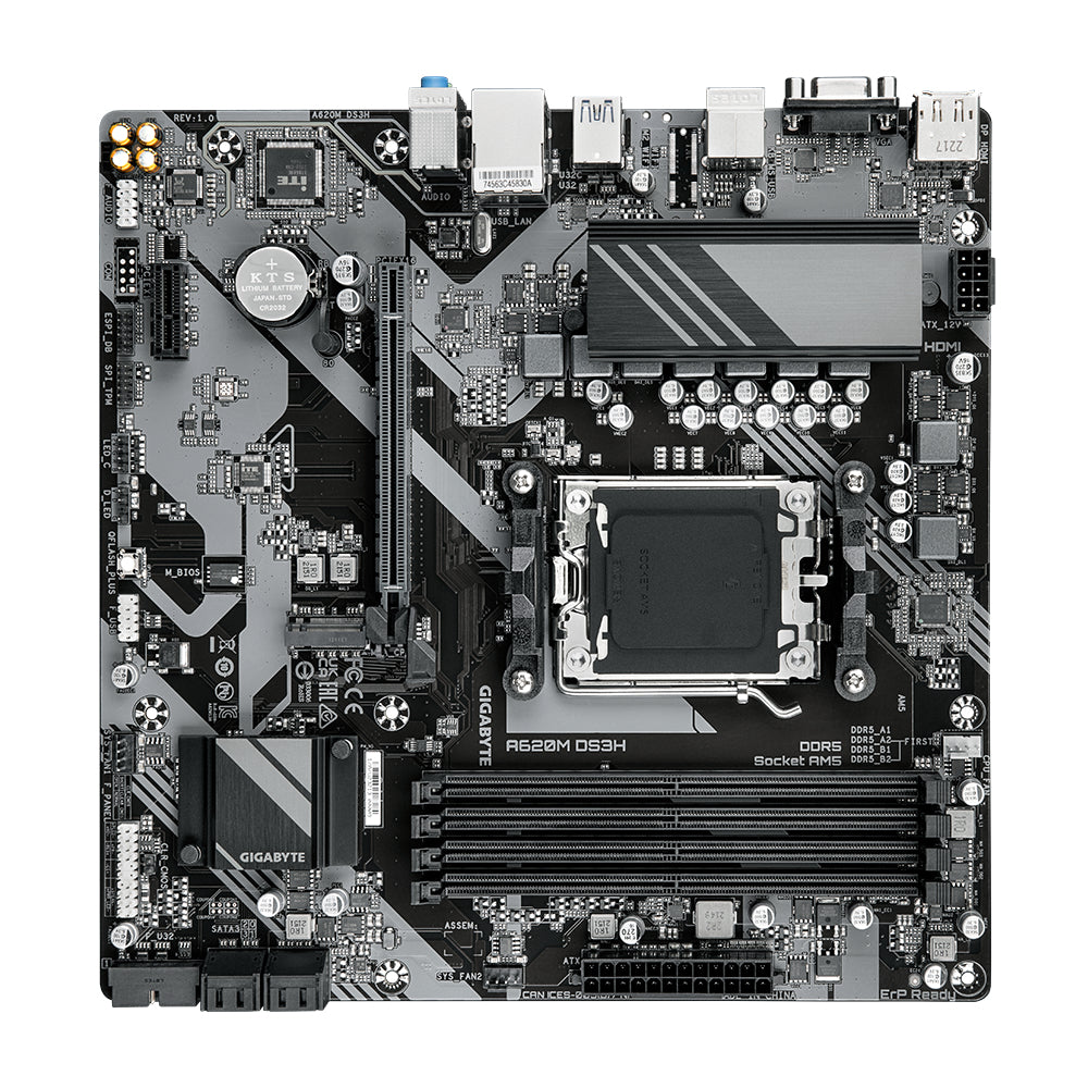 GIGABYTE A620M DS3H Motherboard - Supports AMD Ryzen 8000 CPUs, 5+2+2 Phases Digital VRM, up to 7600MHz DDR5 (OC), 1xPCIe 4.0 M.2, GbE LAN, USB 3.2 Gen 1