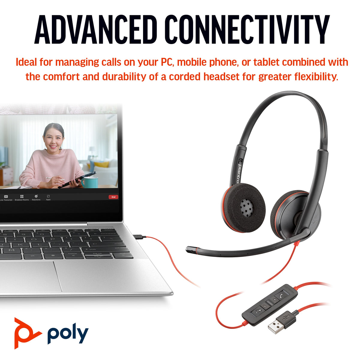 POLY Blackwire 3220 Stereo USB-C Black Headset +USB-C/A Adapter (Bulk)