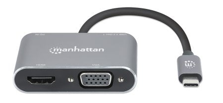 Manhattan USB-C Dock/Hub, Ports (x4): HDMI, USB-A, USB-C and VGA, With Power Delivery (87W) to USB-C Port (Note add USB-C wall charger and USB-C cable needed), All Ports can be used at the same time, Aluminium, Space Grey, Three Year Warranty, Retail Box