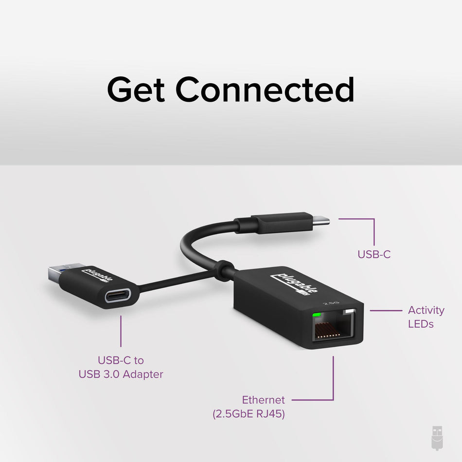 Plugable Technologies 2.5G USB C and USB to Ethernet Adapter, 2-in-1 Adapter Compatible with USB-C Thunderbolt 3 or USB 3.0, USB-C to RJ45 2.5 Gigabit LAN Ethernet, Compatible with Mac and Windows