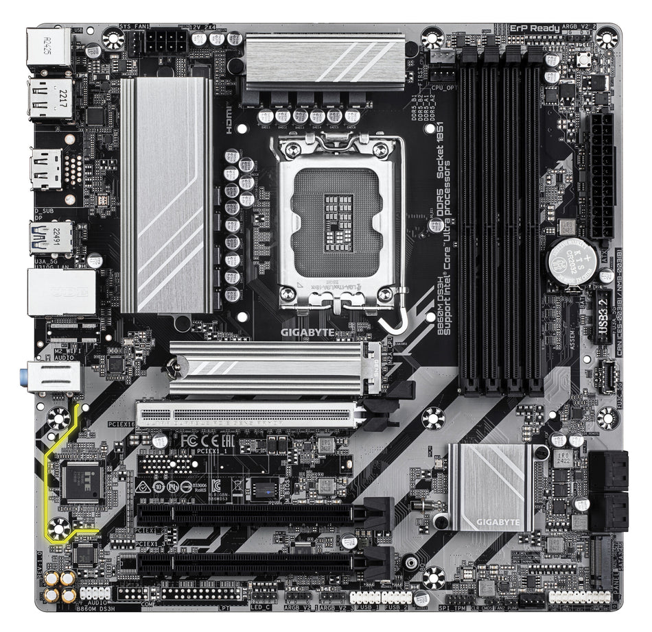 GIGABYTE B860M DS3H Motherboard - Intel Core Ultra Series CPUs, 5+1+2+1 Phases VRM, up to 9066MHz DDR5, 1xPCIe 5.0 + 1xPCIe 4.0 M.2, 2.5GbE LAN, USB 3.2 Gen 2