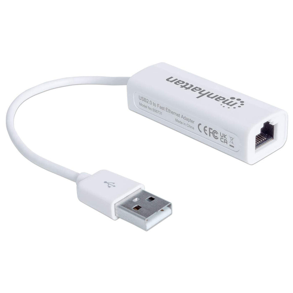 Manhattan USB-A Fast Ethernet Adapter, 10/100 Mbps Network, 480 Mbps (USB 2.0), Hi-Speed USB, RJ45, White, Three Year Warranty, Blister