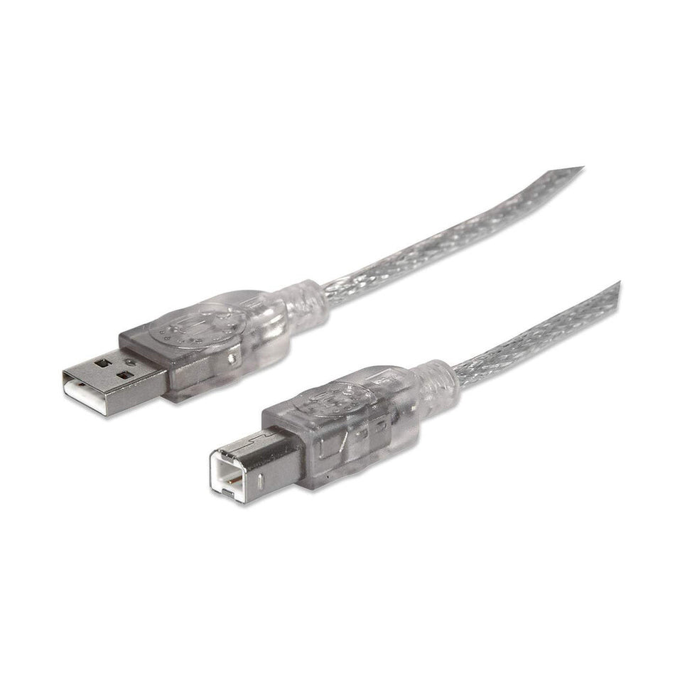 Manhattan USB-A to USB-B Cable, 1.8m, Male to Male, Translucent Silver, 480 Mbps (USB 2.0), Hi-Speed USB, Lifetime Warranty, Equivalent to USB2HAB6T.