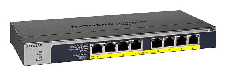 NETGEAR GS108PP Unmanaged Gigabit Ethernet (10/100/1000) Power over Ethernet (PoE) Black