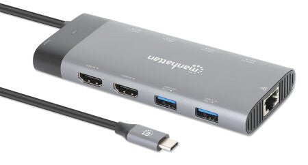 Manhattan USB-C Dock/Hub, Ports (x10): Ethernet, HDMI (x2 8k), USB-A (x5) and USB-C (x2), With Power Delivery (100W) to USB-C Port (Note additional USB-C wall charger and USB-C cable needed), USB 3.2 Gen 2, All Ports can be used at the same time, Aluminiu