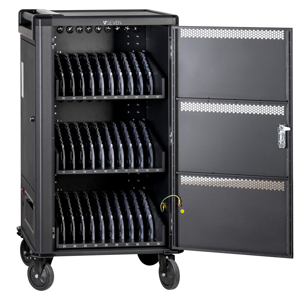 V7 30 Devices UK AC Charge Cart - Secure, Store and Charge Chromebooks, Notebooks and Tablets. Padded shelves with durable dividers, rubber casters, IEC 62368-1 Certified