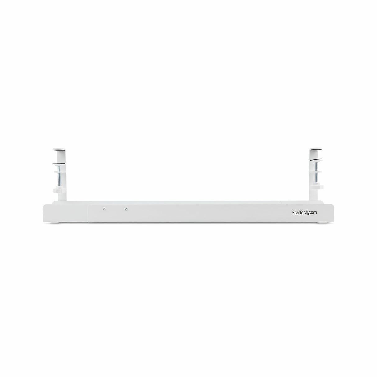 StarTech.com Under Desk Cable Management Tray, Length Adjustable Cable Organizer, Clamp-On Installation, No Drilling Required, Power Bar Holder, White