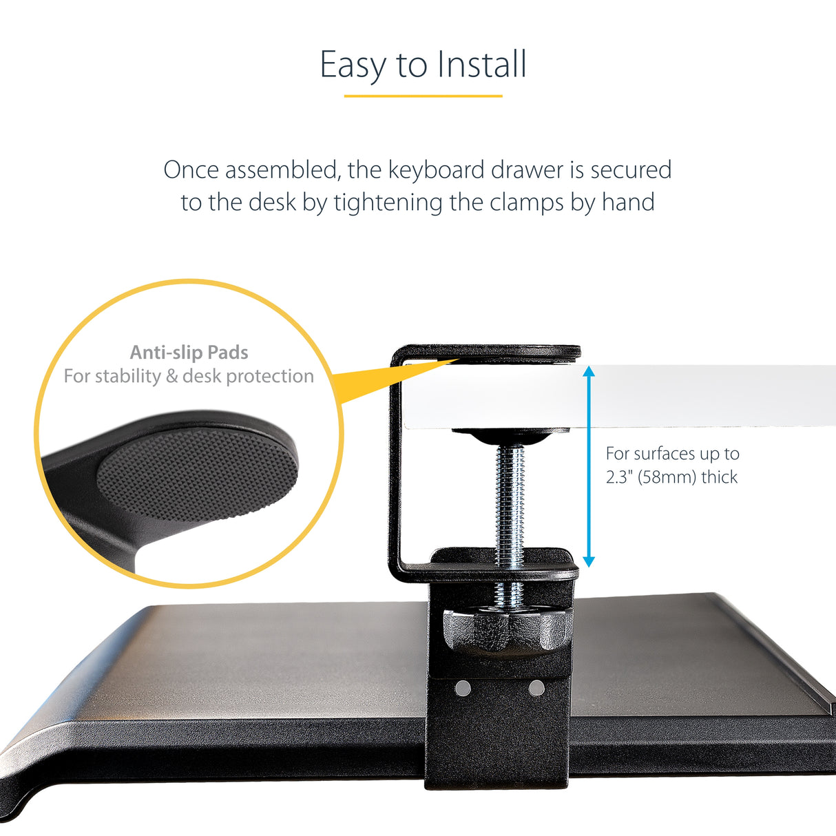 StarTech.com Under-Desk Keyboard Tray, Clamp-on Ergonomic Keyboard Holder, Up to 12kg (26.5lb), Sliding Keyboard and Mouse Drawer with C-Clamps, Height Adjustable Keyboard Tray (3.9/4.7/5.5 in)