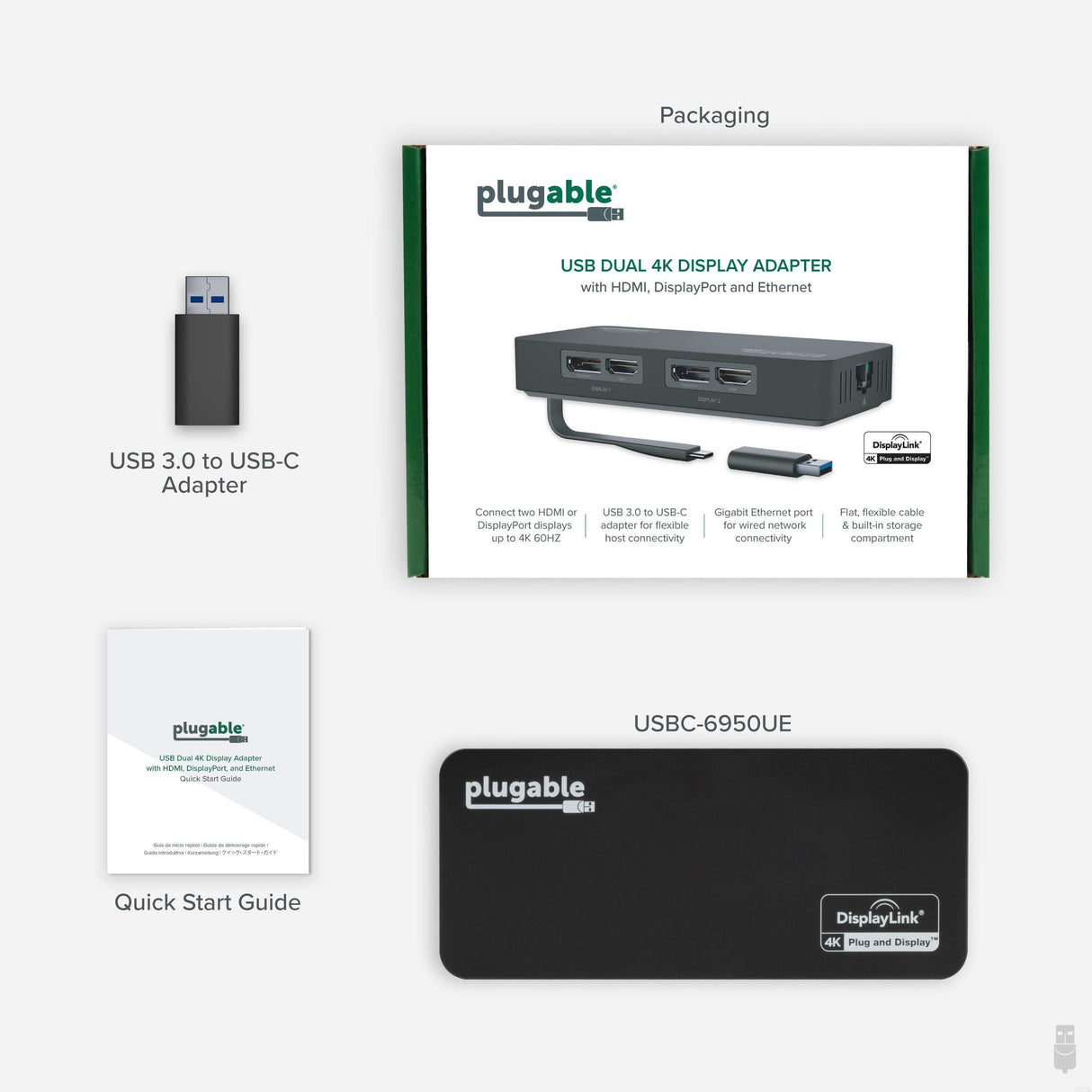 Plugable Technologies 4K DisplayPort and HDMI Dual Monitor Adapter for USB 3.0 and USB-C, Compatible with Windows and ChromeOS