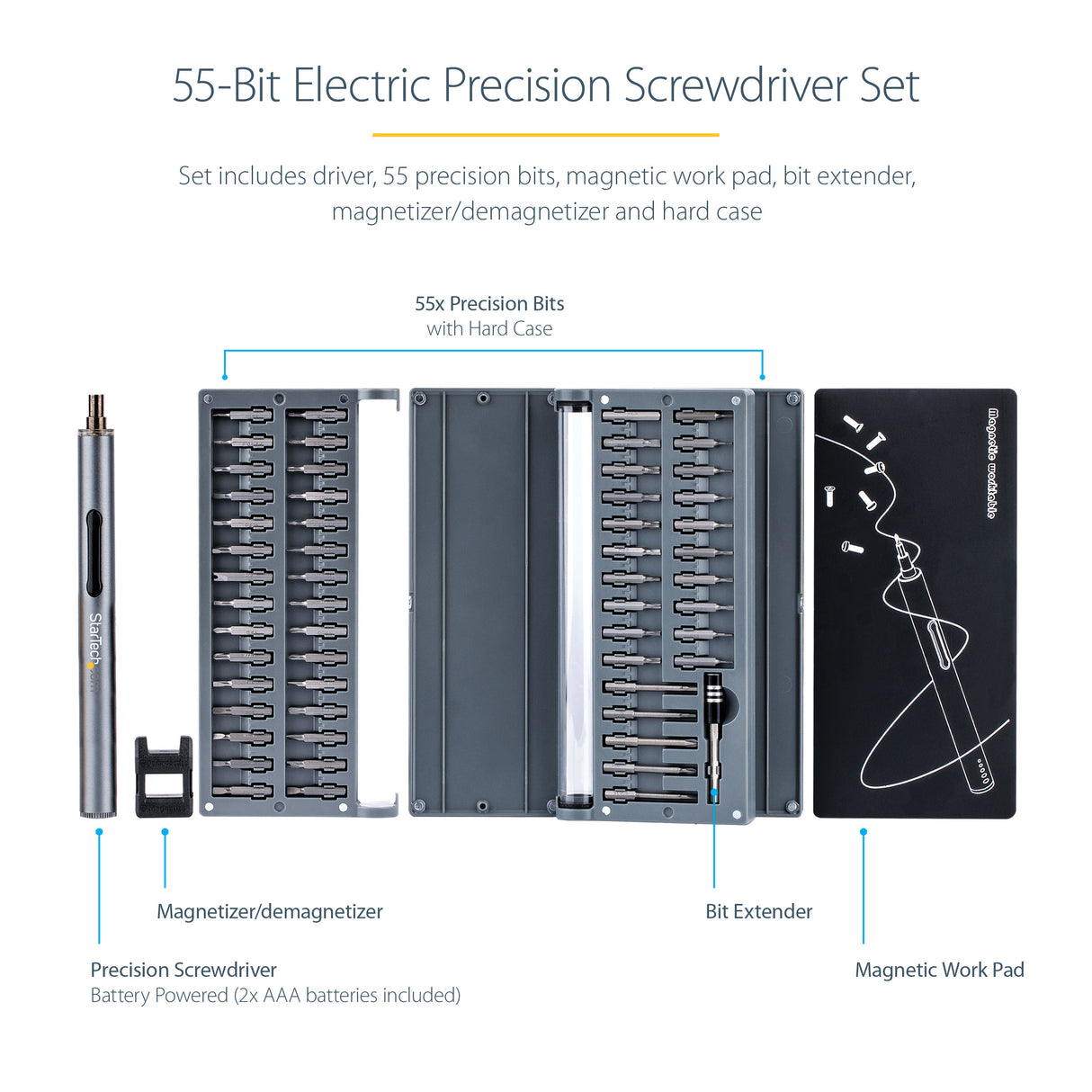 StarTech.com 55-Bit Electric Precision Screwdriver Set - Portable Cordless Battery Powered Bit Driver Kit for Electronic, Laptop, Computers, Tablet & Phone Repairs - Magnetic Work Pad