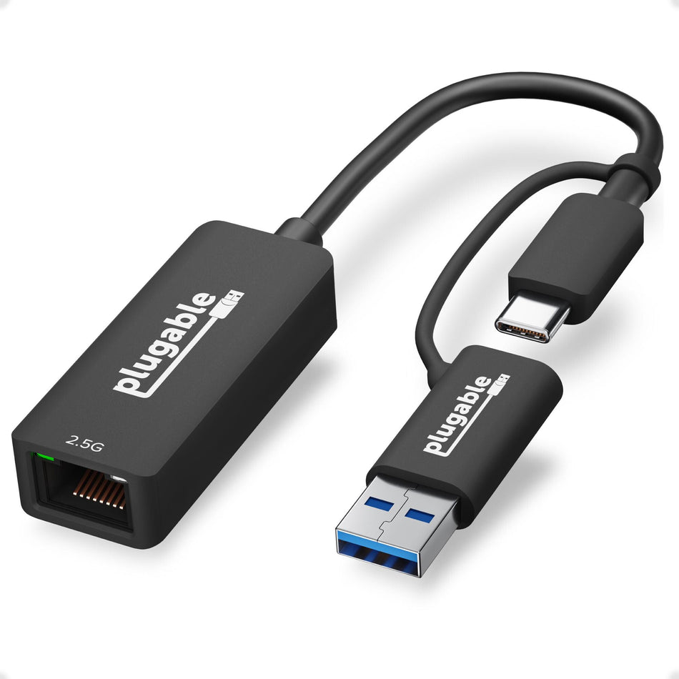 Plugable Technologies 2.5G USB C and USB to Ethernet Adapter, 2-in-1 Adapter Compatible with USB-C Thunderbolt 3 or USB 3.0, USB-C to RJ45 2.5 Gigabit LAN Ethernet, Compatible with Mac and Windows