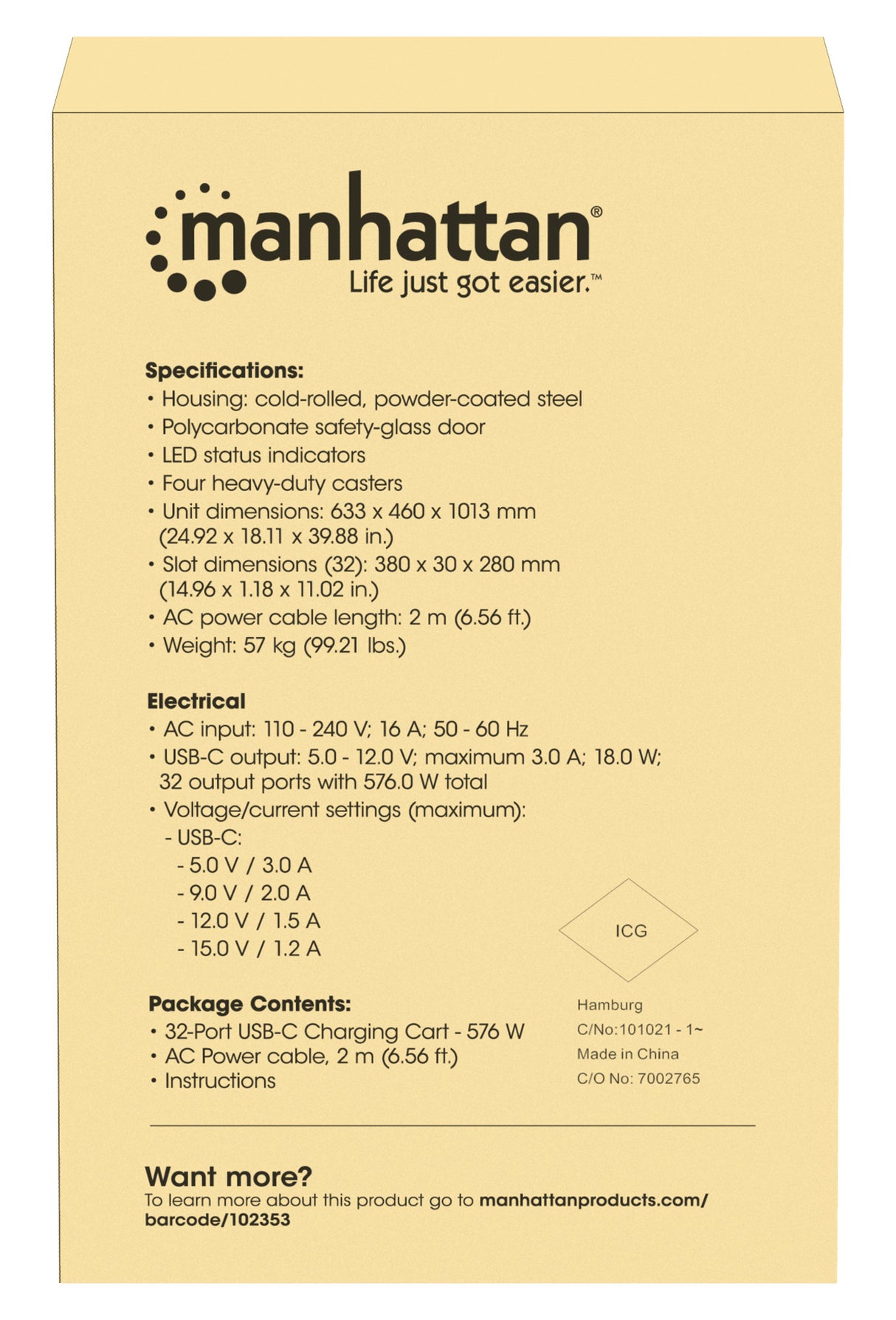 Manhattan Charging Cabinet/Cart via USB-C x32 Devices, Trolley, Power Delivery 18W per port (576W total), Suitable for iPads/other tablets/chromebooks up to 15.6", Bays 380x30x280mm, Device charging cables not included, Lockable (PIN code), EU & UK power