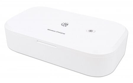 Manhattan UV Phone Sanitizer with Wireless Charger, 10 W Wireless Charging Pad, Integrated UV LEDs to eliminate germs, viruses and bacteria, Quick 1-minute or 5-minute cleaning cycle, Auto-off UV light when opened, White, 3 Year Warranty