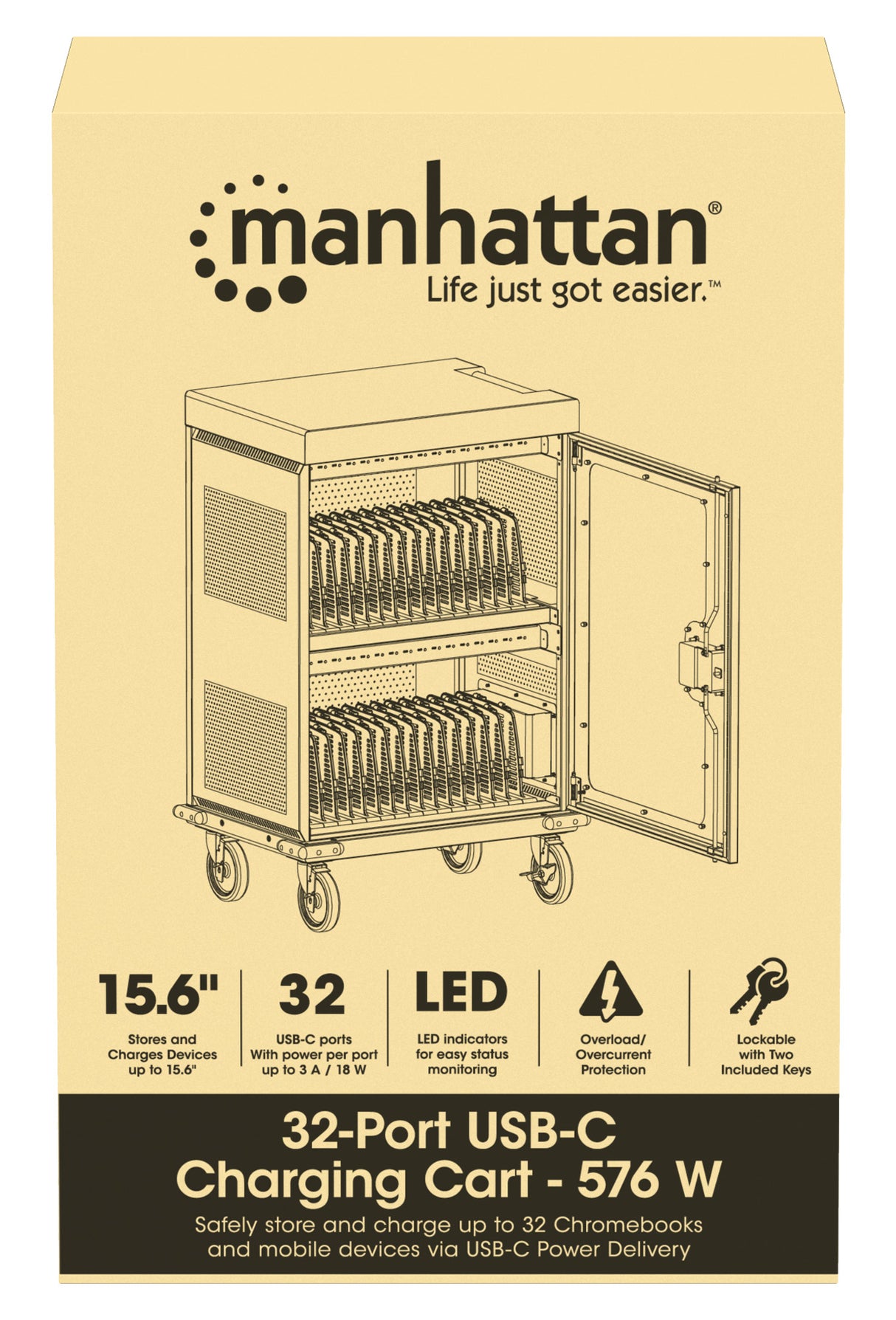 Manhattan Charging Cabinet/Cart via USB-C x32 Devices, Trolley, Power Delivery 18W per port (576W total), Suitable for iPads/other tablets/chromebooks up to 15.6", Bays 380x30x280mm, Device charging cables not included, Lockable (PIN code), EU & UK power