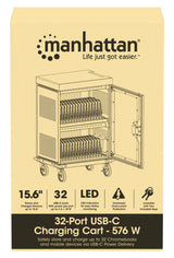 Manhattan Charging Cabinet/Cart via USB-C x32 Devices, Trolley, Power Delivery 18W per port (576W total), Suitable for iPads/other tablets/chromebooks up to 15.6", Bays 380x30x280mm, Device charging cables not included, Lockable (PIN code), EU & UK power