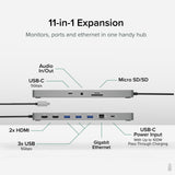 Plugable Technologies 11-in-1 USB-C Hub, 100W USB-C Pass-through, Laptop Docking Station Dual Monitor, 4K 60Hz HDMI, Compatible with Thunderbolt, Windows, Chromebooks, Displays Mirrored on Mac