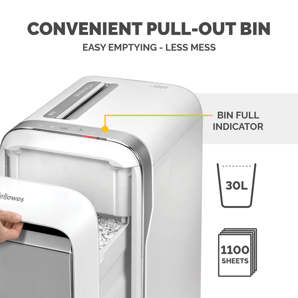 Fellowes LX Series Paper Shredder LX221 20 Sheet Micro Cut Shredder with 30 Litre Pull Out Bin Superior Security P5 White