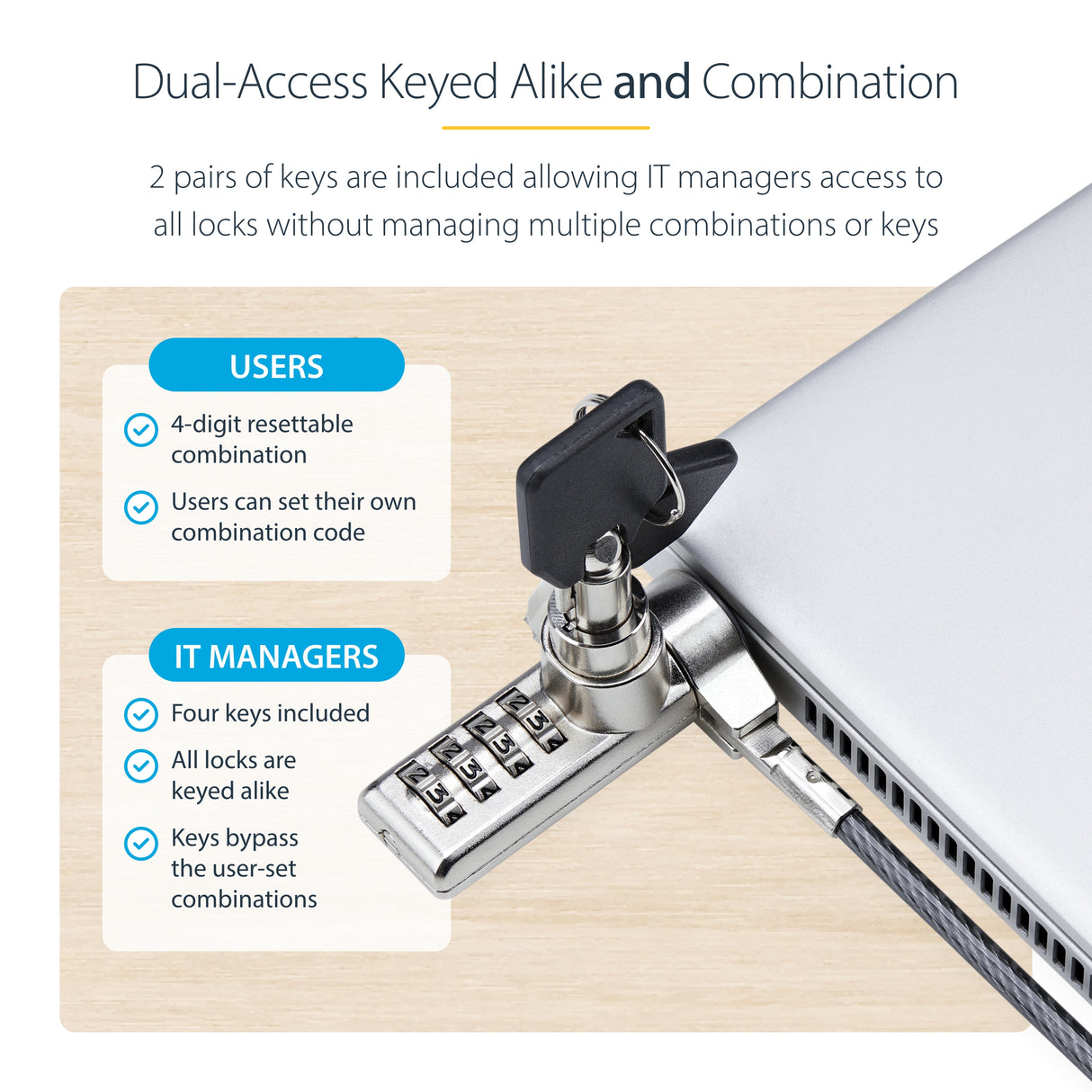 StarTech.com 10-Pack Dual-Access Laptop Lock, 6.5ft (2m) Keyed Alike and Combination Security Cable Lock for K-Slot Devices, Computer Anti-Theft Steel Cable