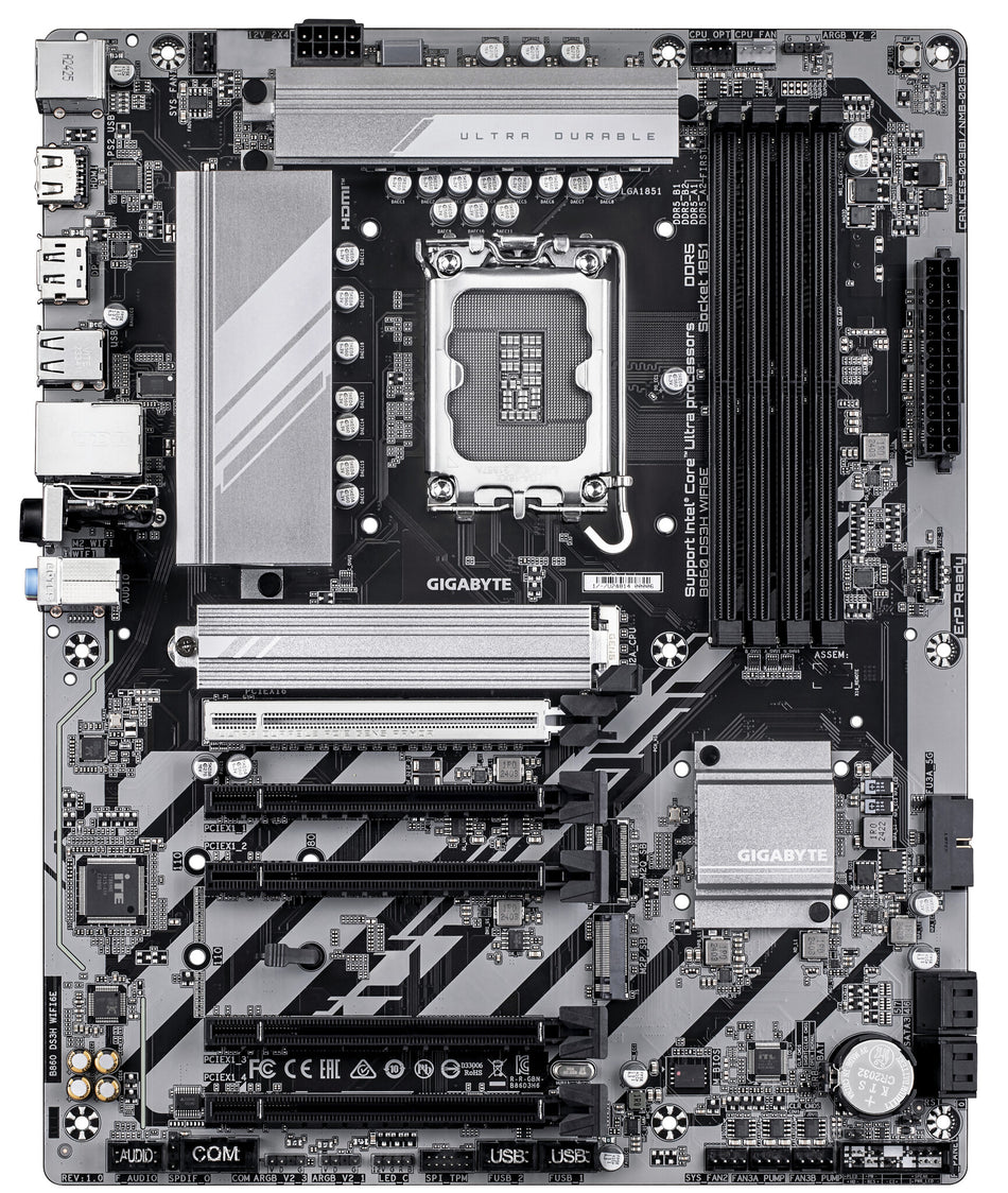 GIGABYTE B860 DS3H WIFI6E Motherboard - Intel Core Ultra Series CPUs, 8+1+2+2 Phases VRM, up to 9066MHz DDR5, 1xPCIe 5.0 + 1xPCIe 4.0 M.2, 2.5GbE LAN, WIFI 6E, USB 3.2 Gen 2x2