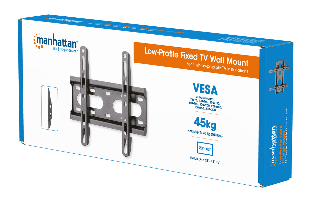 Manhattan TV & Monitor Mount, Wall, Fixed (Ultra slim), Screen Sizes: 23-42", Black, VESA: 75x75 to 200x200mm, Max 45kg, Lifetime Warranty