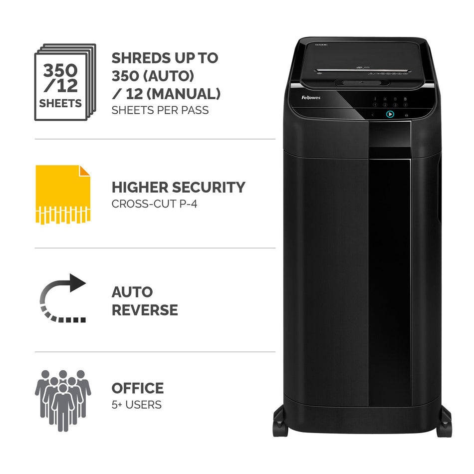 Fellowes Paper Shredder 350 Sheet Auto Feed Cross Cut Shredder AutoMax 350C Shredder with 68 Litre Bin High Security P4