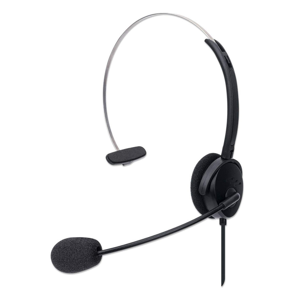 Manhattan Mono Over-Ear Headset (USB), Microphone Boom (padded), Polybag Packaging, Adjustable Headband, In-Line Volume Control, Ear Cushion, USB-A for both sound and mic use, cable 1.5m, Three Year Warranty