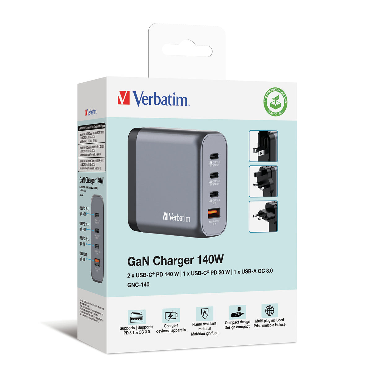 Verbatim GNC-140 GaN Charger 140W with 2 x USB-C PD 140W / 1 x USB-C PD 20W / 1 x USB-A QC 3.0 (EU/UK/US)