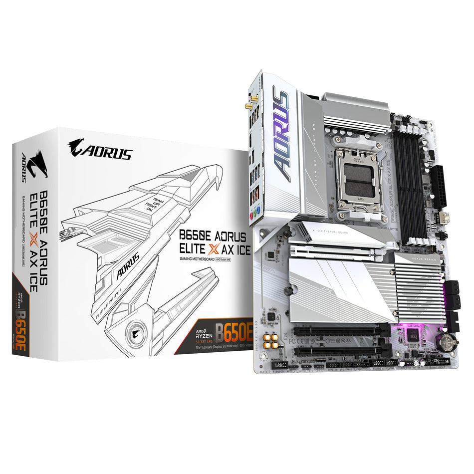 GIGABYTE B650E AORUS ELITE X AX ICE Motherboard - AMD Ryzen 9000 Series CPUs, 12+2+2 Phases VRM, up to 8000MHz DDR5 (OC), 1xPCIe 5.0 + 2xPCIe 4.0 M.2, 2.5GbE LAN, WIFI 6E, USB 3.2 Gen 2